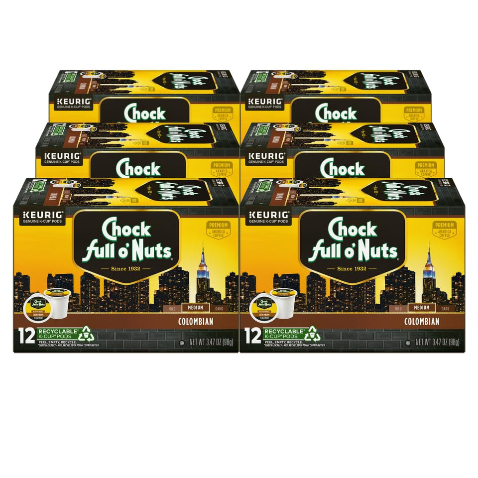 Chock Full o’ Nuts Colombian Arabica Keurig pods 6-pack ready for easy mornings.