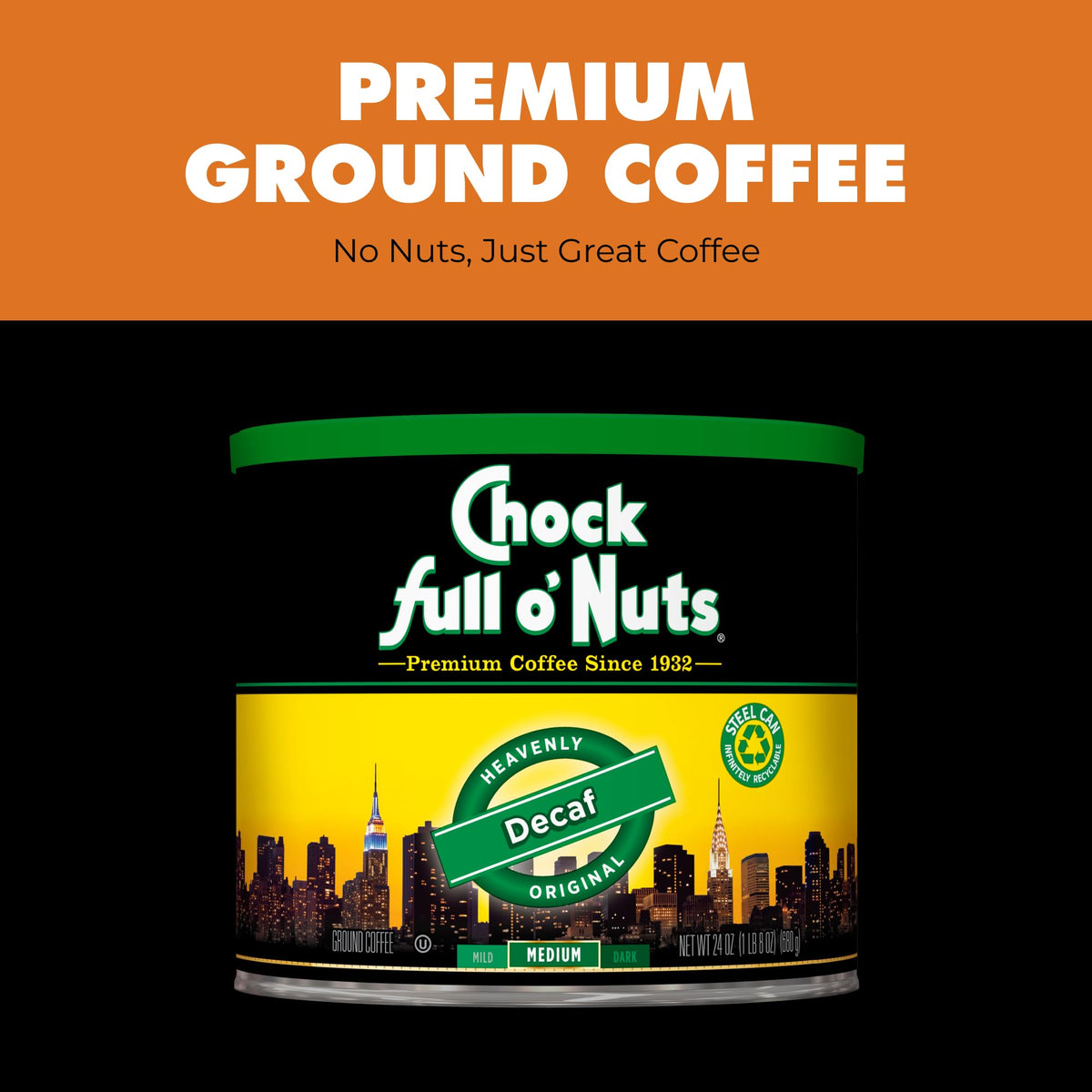 Chock Full o' Nuts decaf ground coffee photography featuring pour-over setup for fresh flavors.