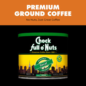 Chock Full o' Nuts decaf ground coffee photography featuring pour-over setup for fresh flavors.