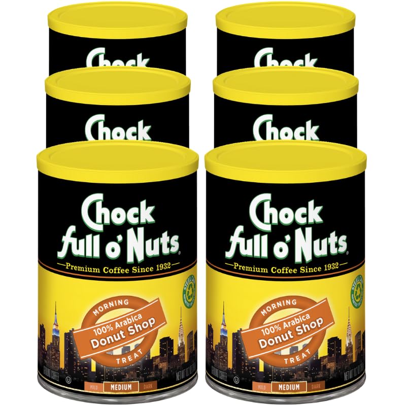 Chock Full o'Nuts Donut Shop ground coffee can front view, ideal for rich aroma in drip brewing.