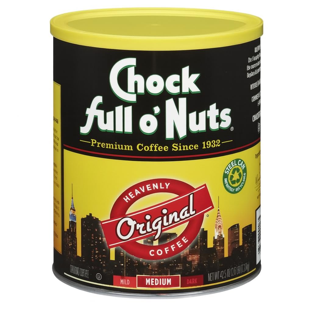 Chock Full o'Nuts Heavenly Original can front shows premium medium roast aroma.