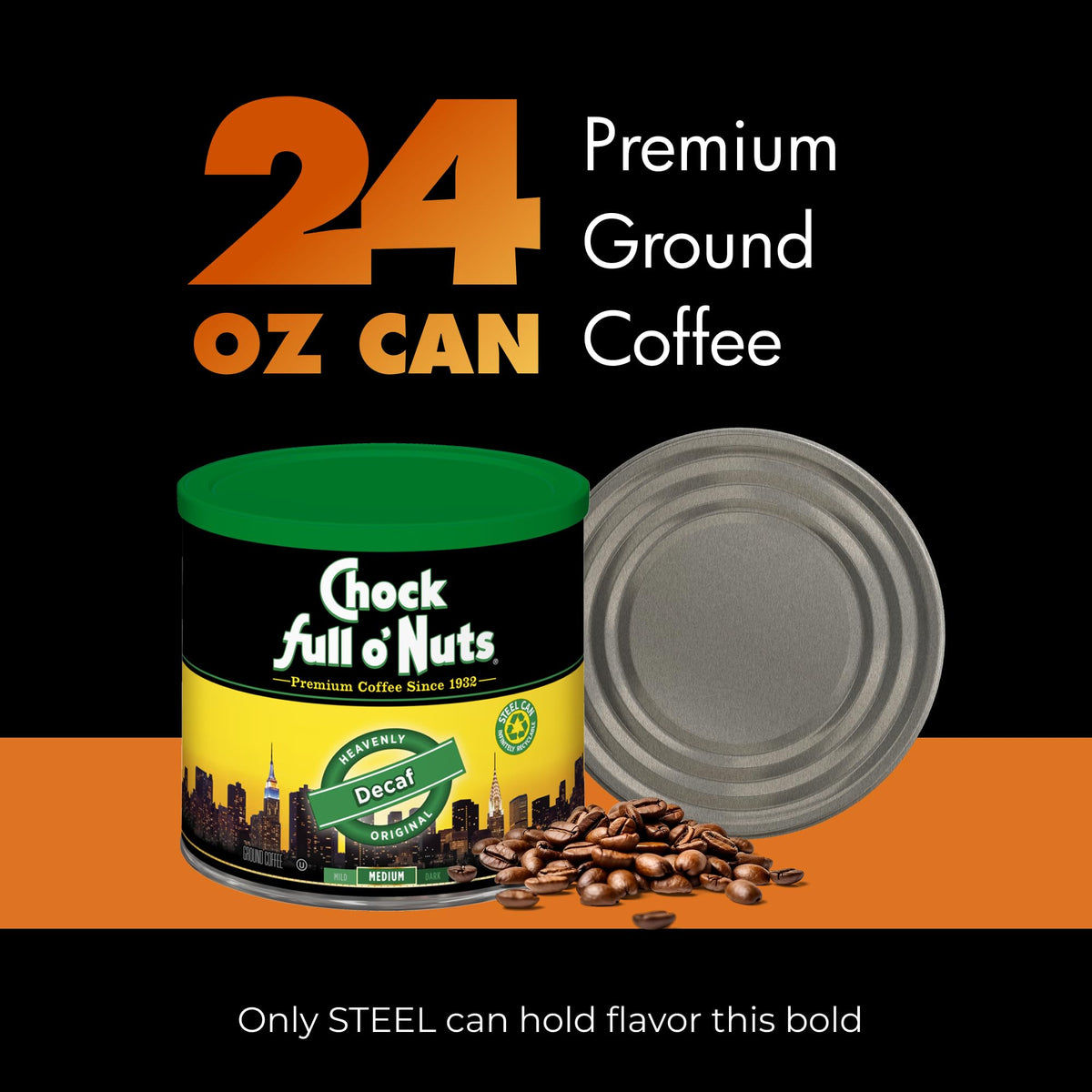 Chock Full o' Nuts Heavenly Original Decaf can and mug scene signals everyday ritual.