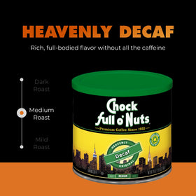 Chock Full o' Nuts Heavenly Original Decaf close-up emphasizes premium beans and rich aroma.
