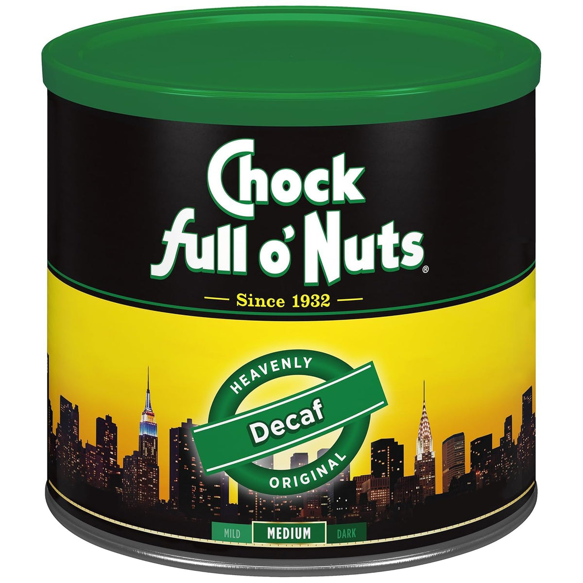 Chock Full o' Nuts Heavenly Original Decaf can front displays durable steel packaging preserving flavor.
