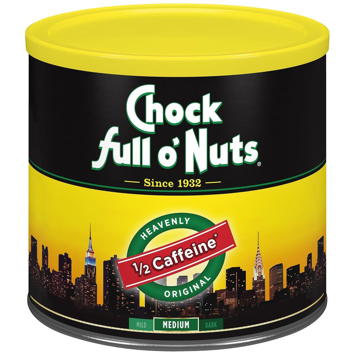 Chock Full o Nuts Heavenly Original Half Caffeine coffee can preserves freshness with a durable steel container.