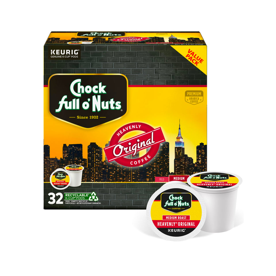 Chock Full o’Nuts Heavenly Original K-Cup pods deliver rich aroma for Keurig brewers.