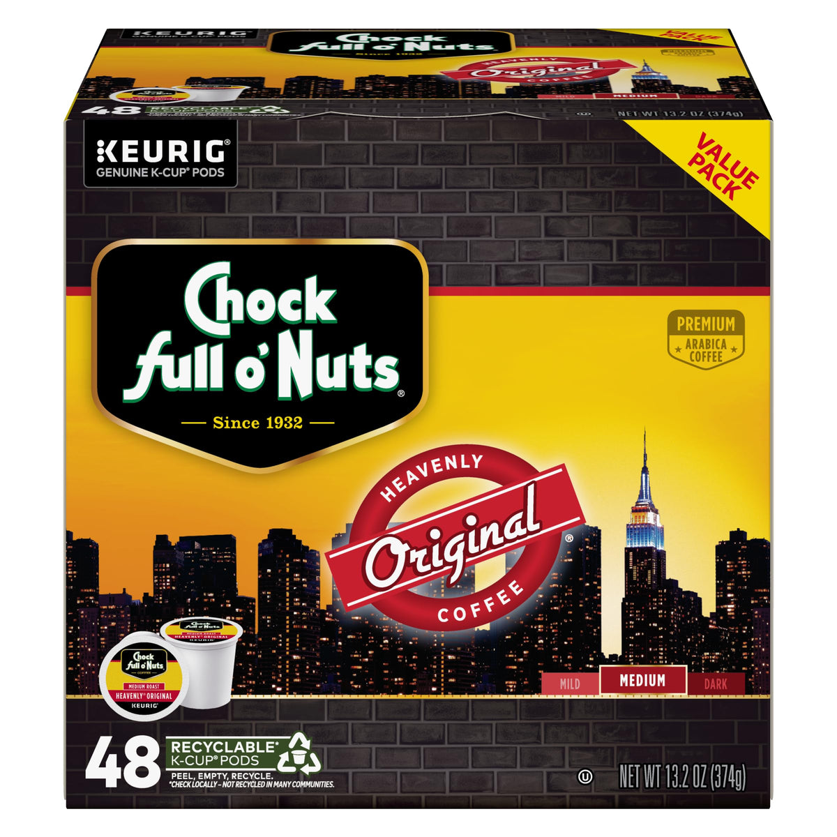 Chock Full o’ Nuts Heavenly Original Keurig pod front view, convenient single-serve coffee for busy mornings.