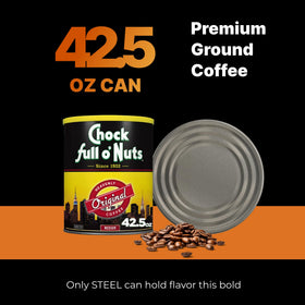 Chock Full o'Nuts steel can stack signals sustainable packaging and freshness.