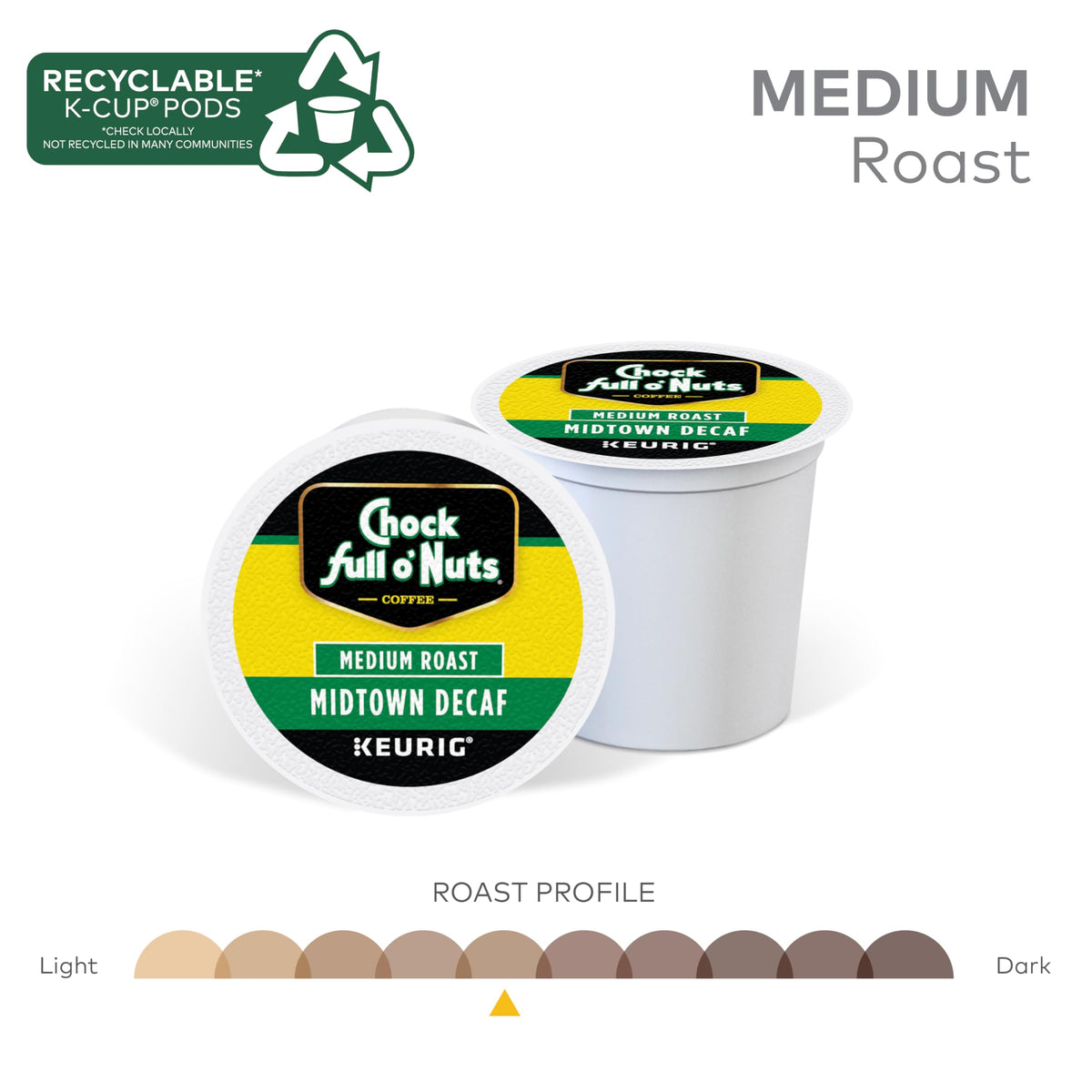 Chock Full o' Nuts Midtown Decaf K-Cup pods compatible with Keurig brewers.
