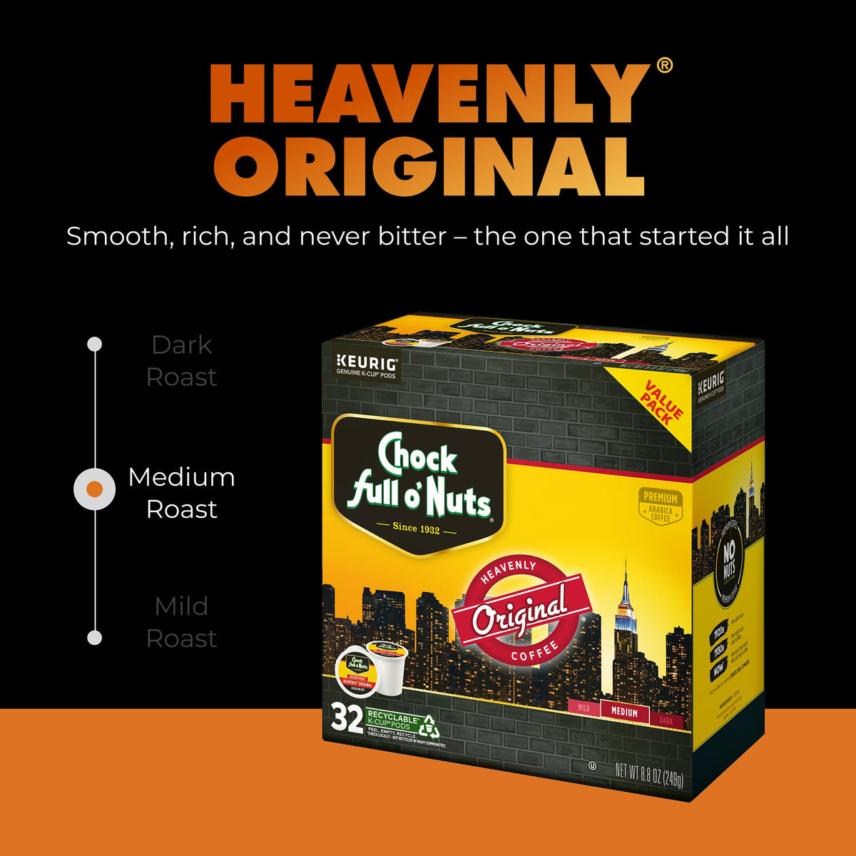 Chock Full o’Nuts Heavenly Original Medium Roast K-Cup pods for a consistent morning start.