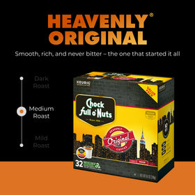 Chock Full o’Nuts Heavenly Original Medium Roast K-Cup pods for a consistent morning start.