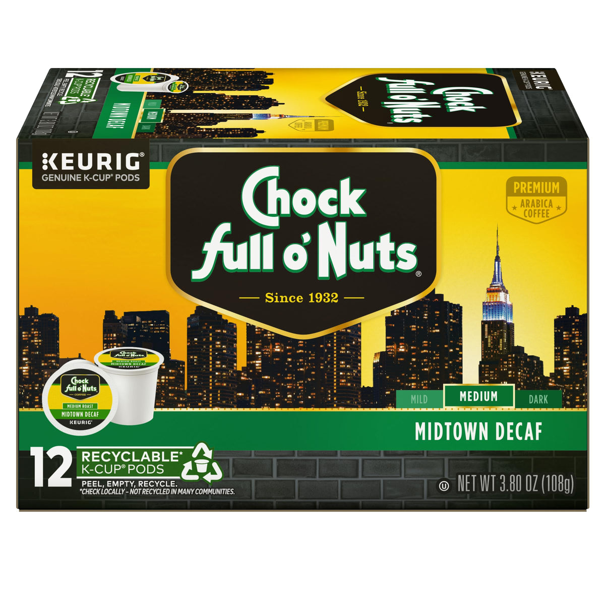 Chock Full o' Nuts Midtown Decaf K-Cup pods pour, convenient single-serve coffee for busy mornings
