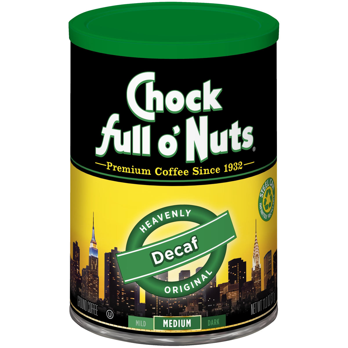 Chock full o'Nuts Original Decaf Ground coffee bags for convenient home brewing.
