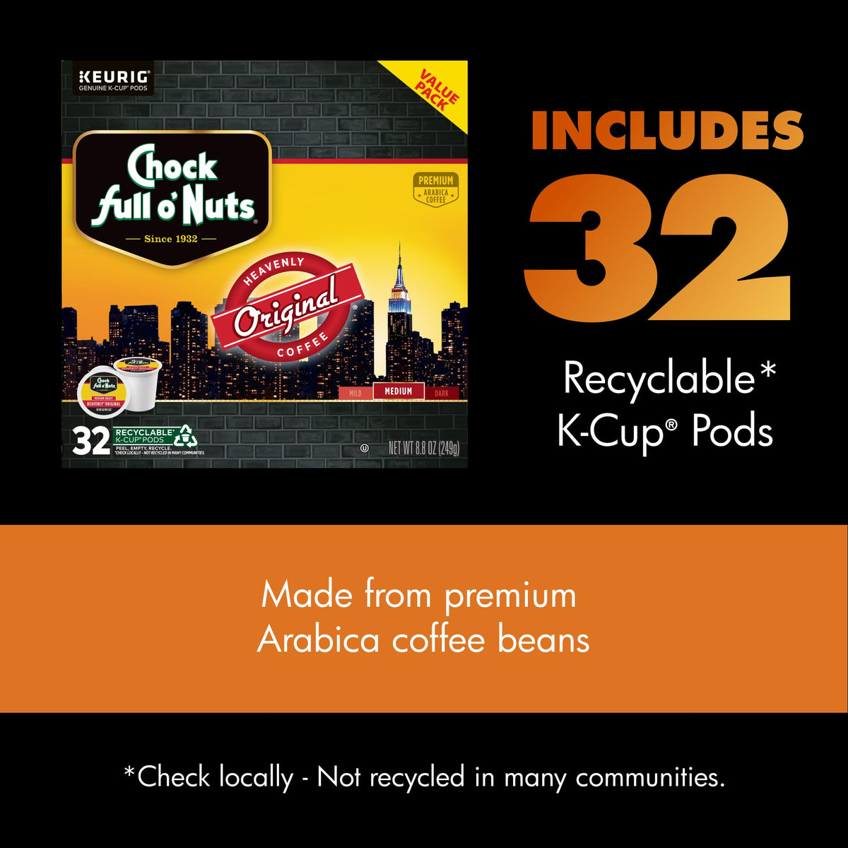 Chock Full o’Nuts recyclable K-Cup pods support eco-friendly coffee routines.