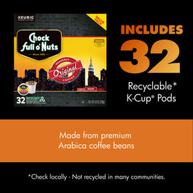 Chock Full o’Nuts recyclable K-Cup pods support eco-friendly coffee routines.