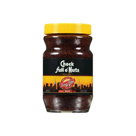 Chock Full o' Nuts instant coffee can for quick mornings.