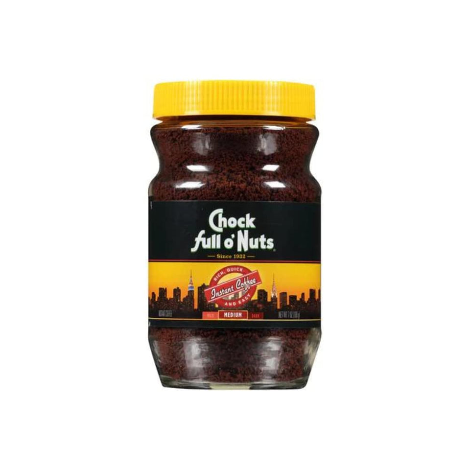 Chock Full o' Nuts instant coffee can for quick mornings.