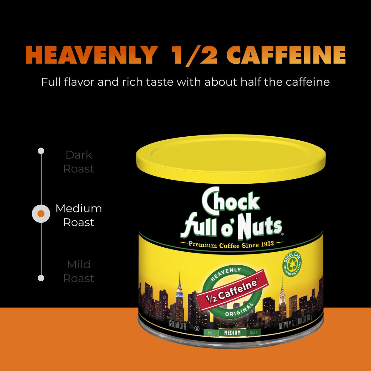 Chock Full o Nuts steel can close-up highlights premium beans and freshness.
