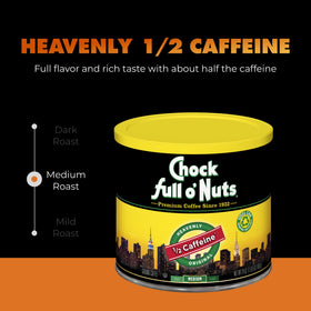 Chock Full o Nuts steel can close-up highlights premium beans and freshness.