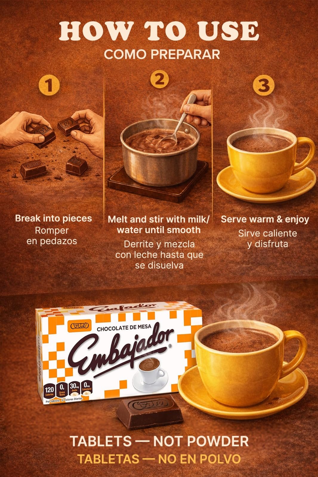 CHOCOLATE CORTÉS Embajador tablet grating over desserts.