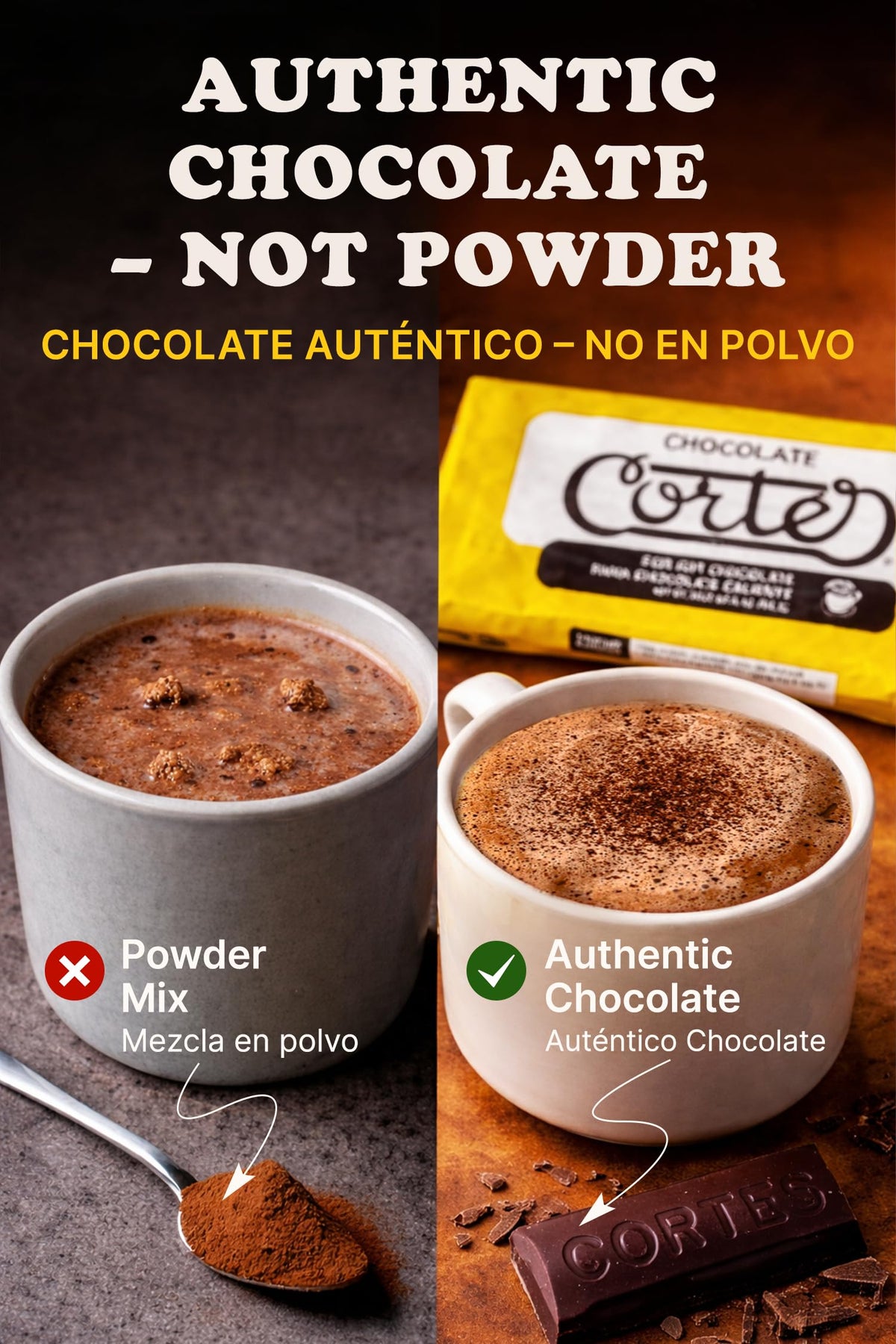 Chocolate Cortés hot cocoa cup showing rich, creamy drinking chocolate experience.