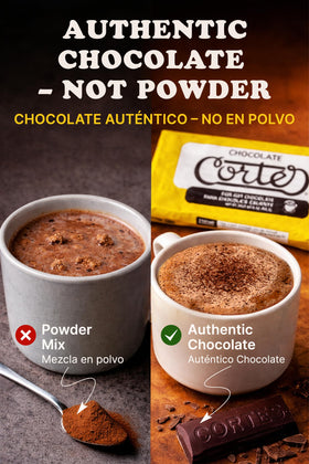 Chocolate Cortés sweet chocolate melting into warm milk to create a smooth hot chocolate