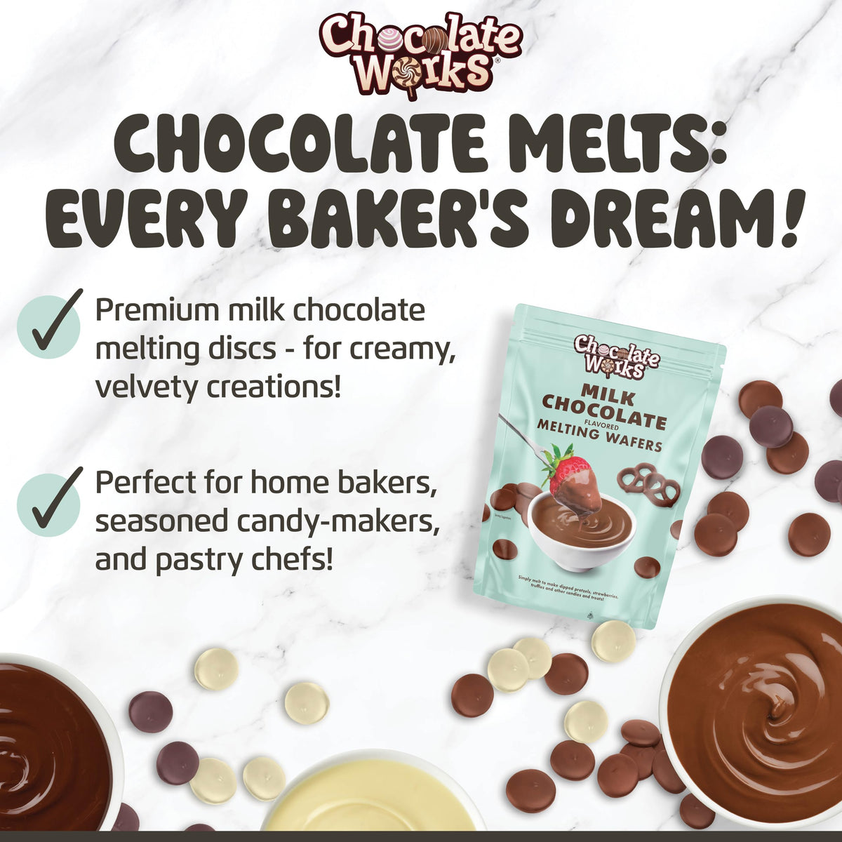 Chocolate Works Dark Melting Chocolate discs for glossy dipping on fruit.