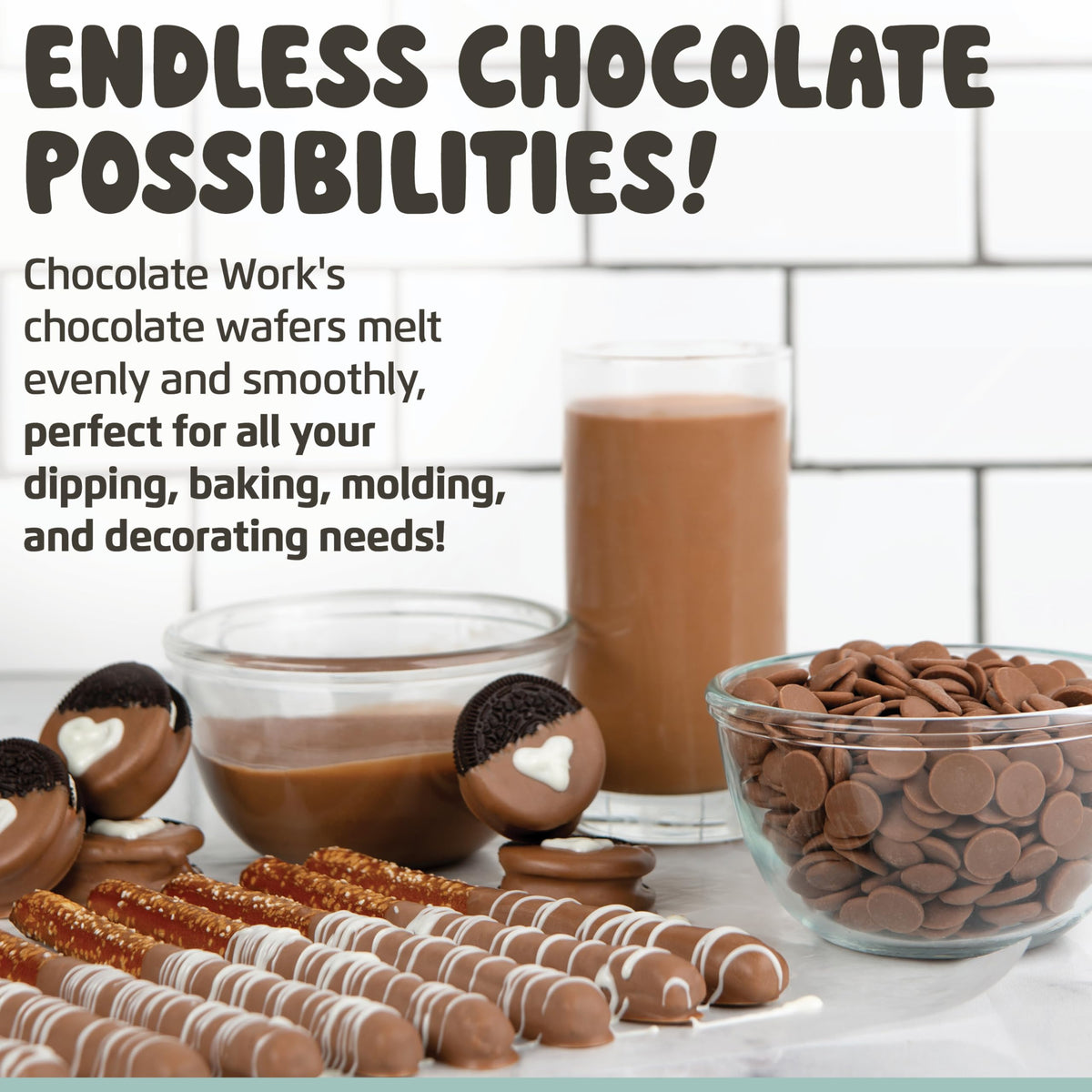 Chocolate Works discs for dipping strawberries into glossy milk chocolate