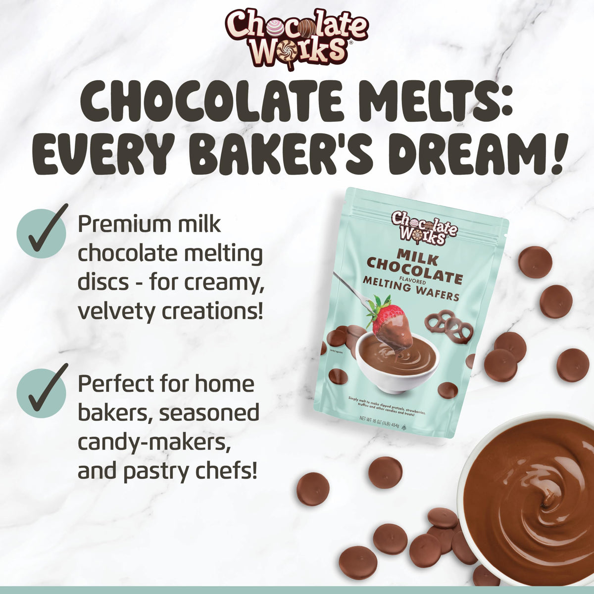 Close-up of Chocolate Works milk discs melting smoothly