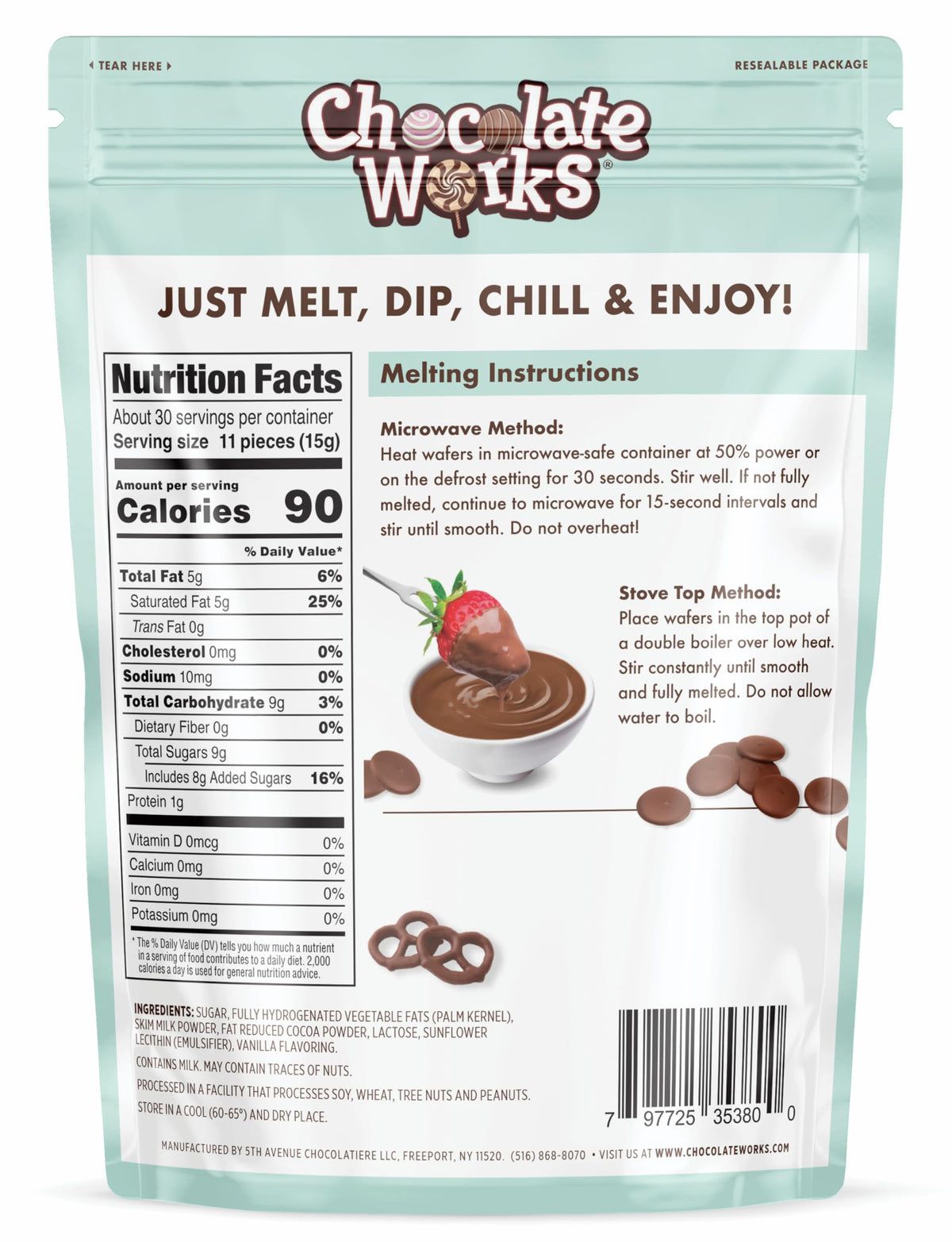 Packaging of Chocolate Works milk melting chocolate for bulk orders