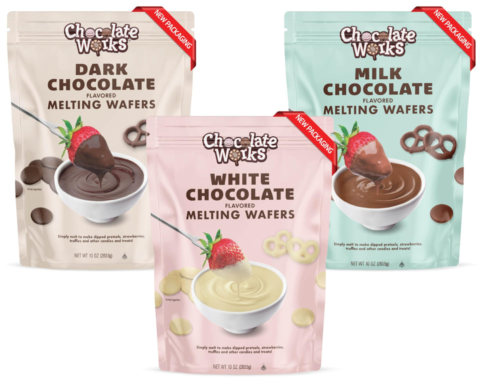 Chocolate Works Milk Melting Chocolate discs pour smoothly for dipping and decorating.