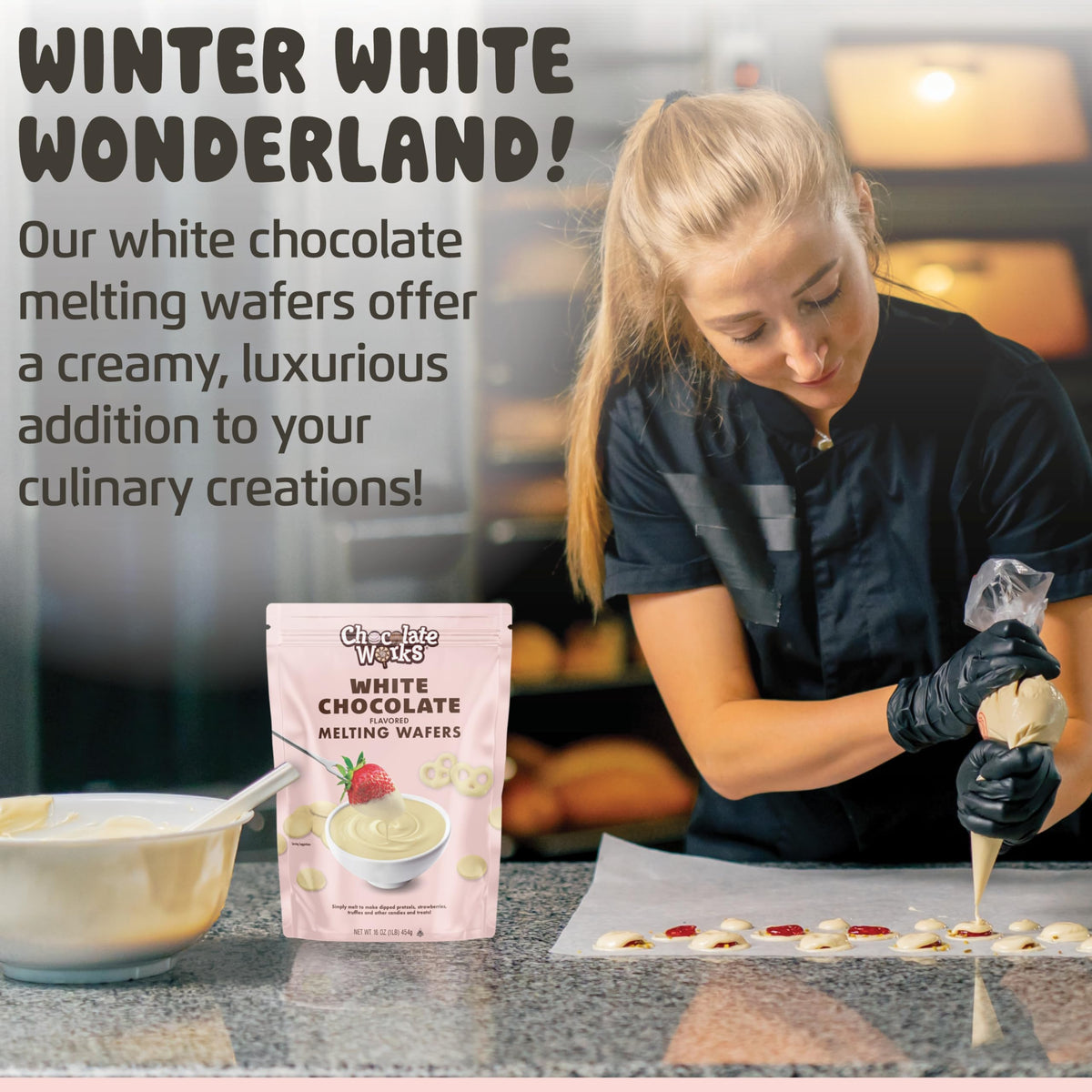 Chocolate Works white melting chocolate decorating cakes with glossy highlights.