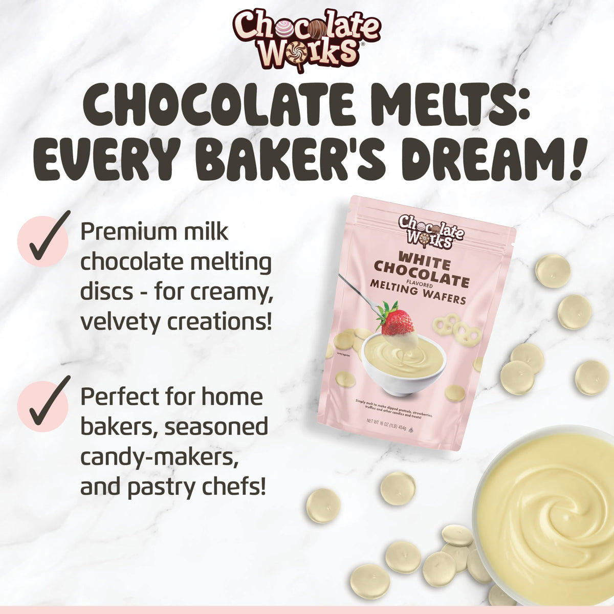 Chocolate Works white melting chocolate discs ideal for dipping strawberries.