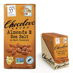 Chocolove almond-and-sea-salt bar with crunchy almonds and 55% cocoa, ideal snack delight