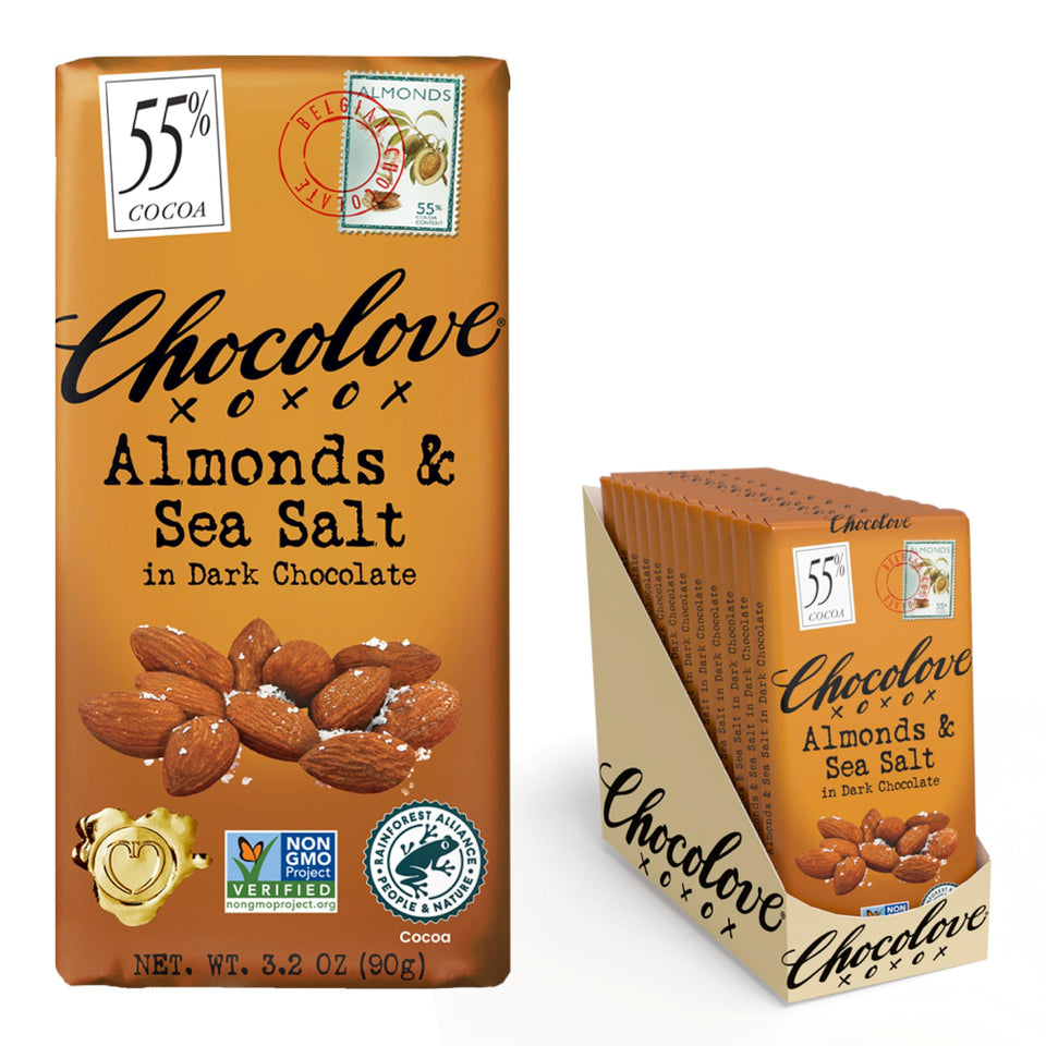 Chocolove almond-and-sea-salt bar with crunchy almonds and 55% cocoa, ideal snack delight