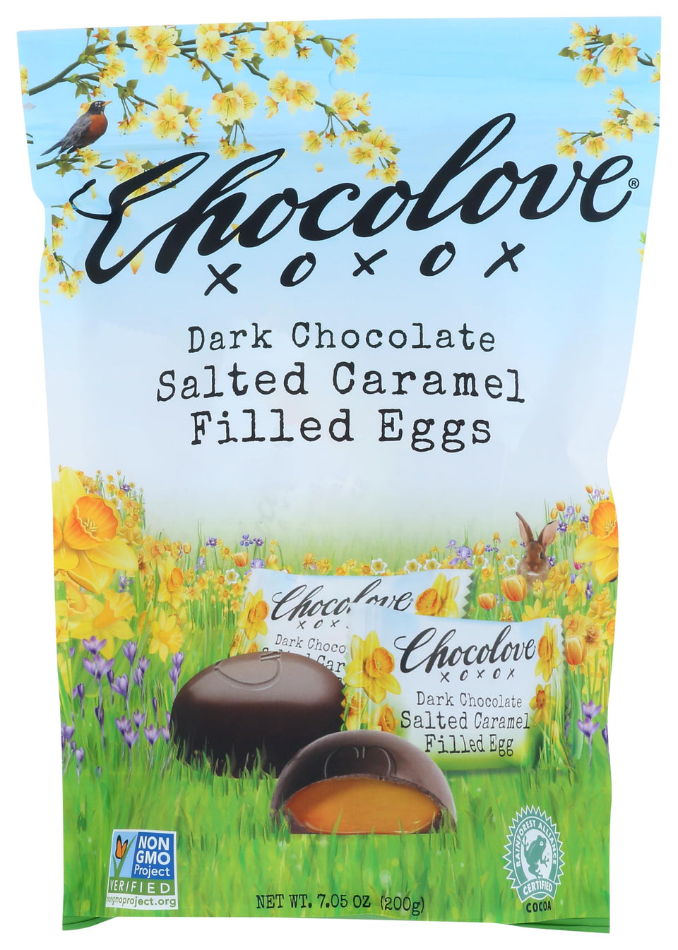 Chocolove dark chocolate salted caramel filled eggs with glossy shell and creamy center, ideal for gifting