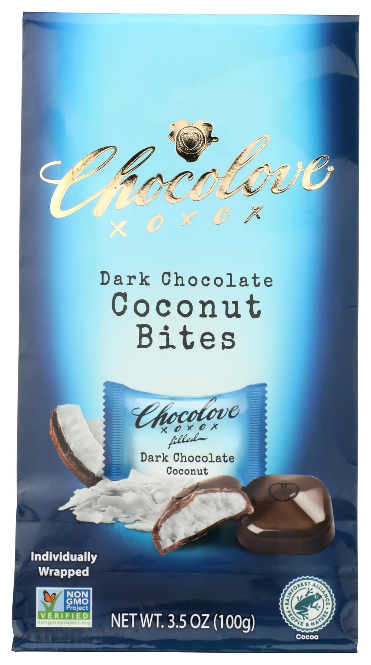 Chocolove Organic Dark Chocolate Coconut Bites pouch with tropical coconut for on-the-go snacking