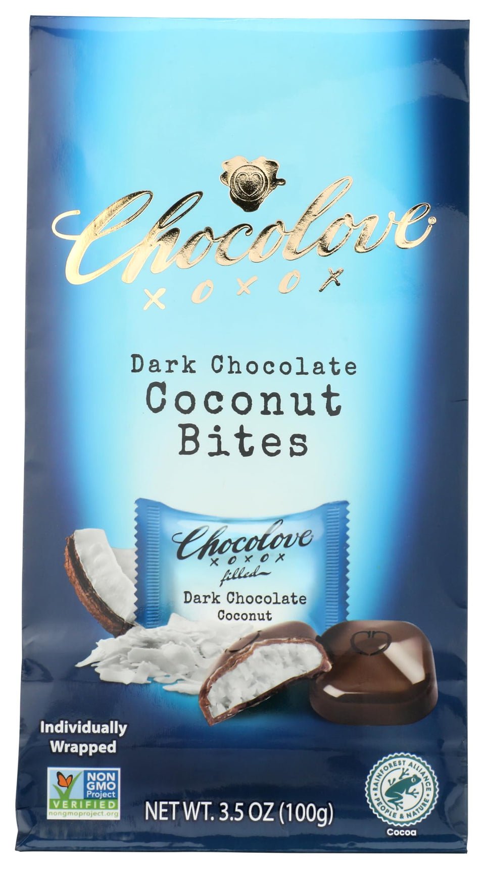Chocolove Organic Dark Chocolate Coconut Bites pouch with tropical coconut for on-the-go snacking