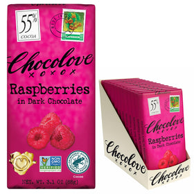 Chocolove raspberries 55percent bar close-up showing tangy berry bits.