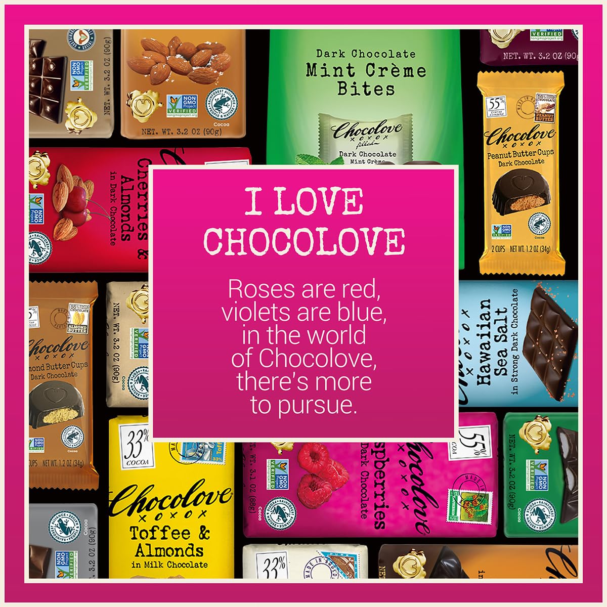 Chocolove bar packaging emphasizes ethically sourced ingredients.
