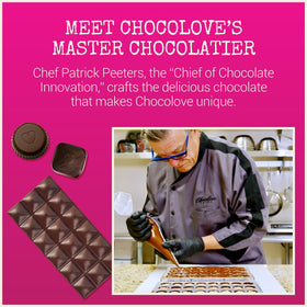 Chocolove 55percent cocoa dark chocolate with raspberry bits on a board.