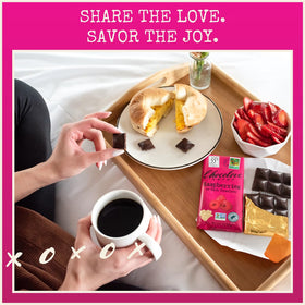 Chocolove bar with romantic poem wrapper beside a coffee cup.