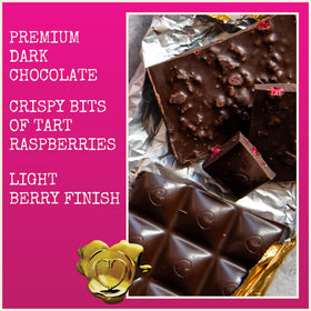 Chocolove raspberry bits sparkle in dark chocolate for a bright finish.