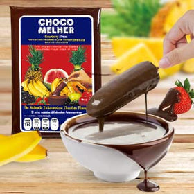Chocomelher chocobanana assembly with coated fruit on skewers.