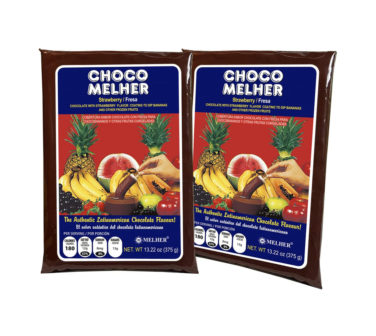 Chocomelher strawberry coating on a banana for a crunchy dessert bite.