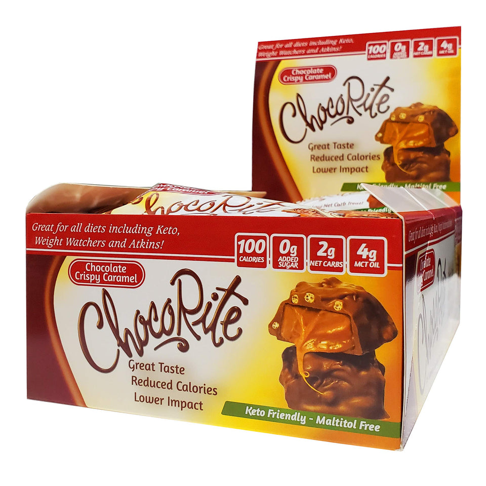 ChocoRite Crispy Caramel 16-pack is a low carb chocolate snack with no sugar added.