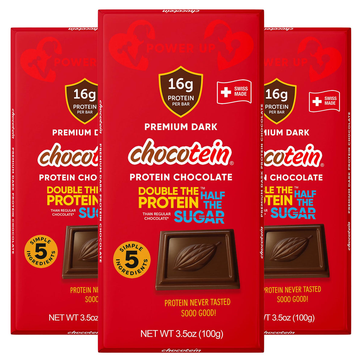 Chocotein 16g protein bar in 70% dark Swiss chocolate for a protein-rich treat.