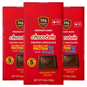Chocotein 16g protein bar in 70% dark Swiss chocolate for a protein-rich treat.