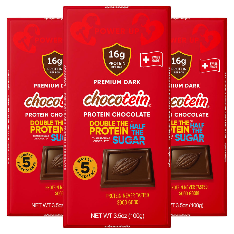 Chocotein 16g protein bar in 70% dark Swiss chocolate for a protein-rich treat.