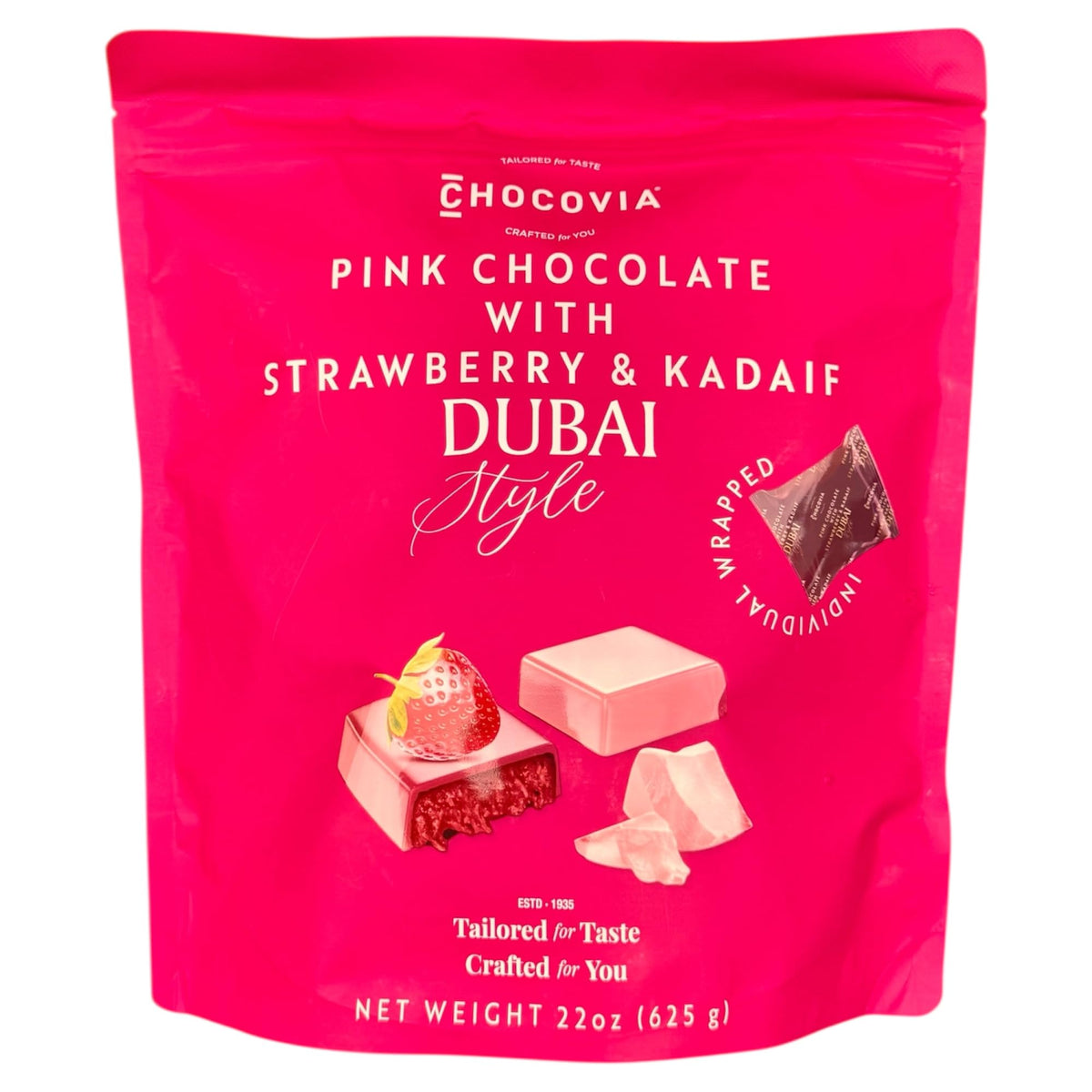Chocovia pink chocolate strawberry-kadaif bag, ideal for gifting and entertaining.